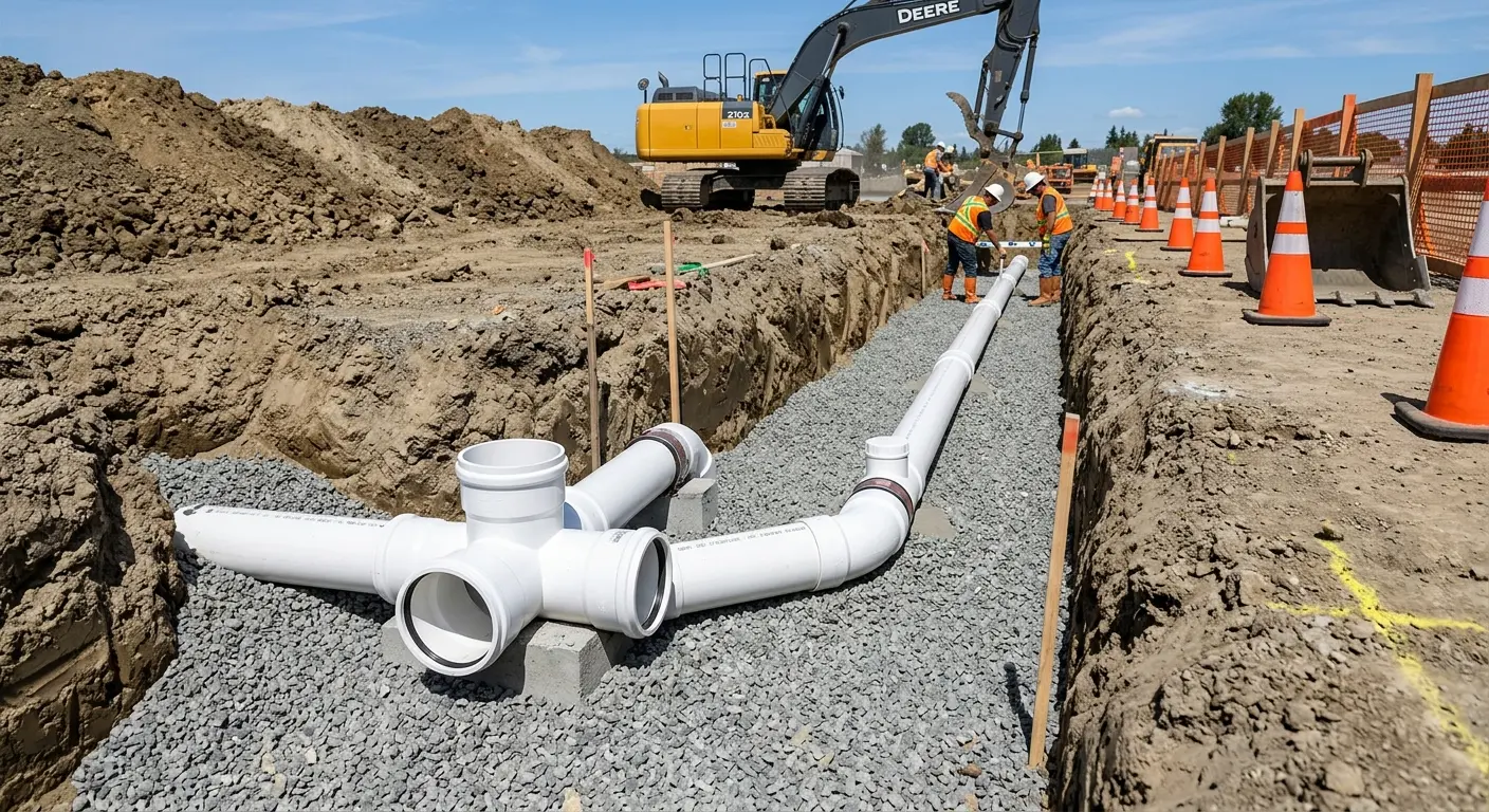 New PVC sewer pipe installation in open trench for Sewer Backup in Lexington