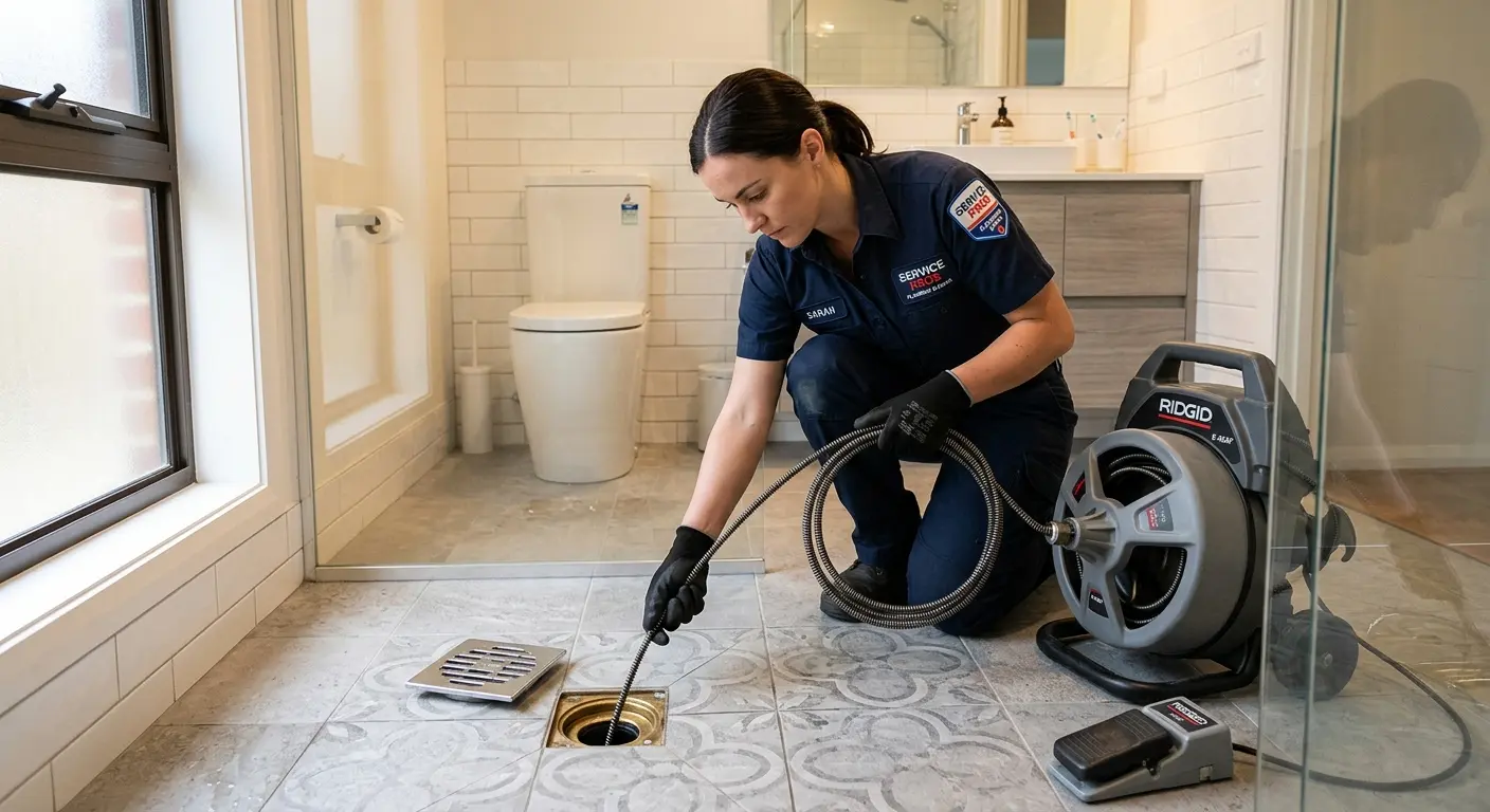Technician clearing a bathroom floor drain for Clogged Drain Repair in Lexington